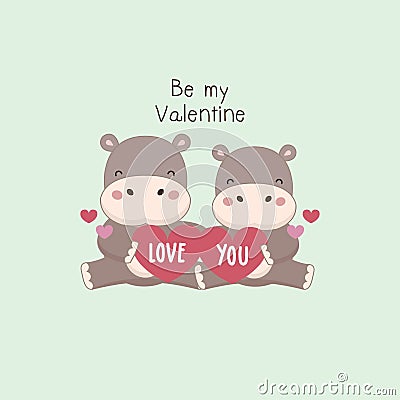 Happy valentine greeting card.Couple Hippo with big pink heart. Stock Photo