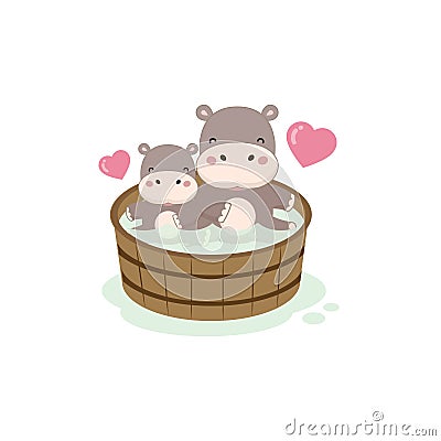 Happy hippo and baby in the wood bath tub. Vector Illustration