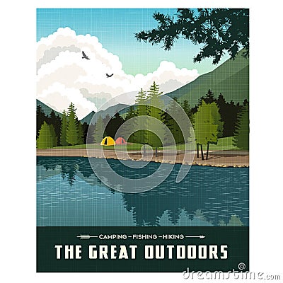 Scenic landscape with mountains, forest and lake with camping tents. Vector Illustration