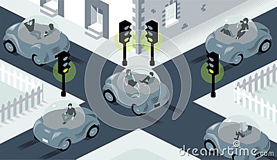 Illustration of self driving cars crossing on busy intersection, where lights are all set to green Vector Illustration