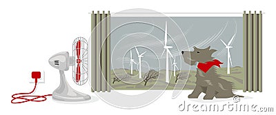 Illustration of desk fan blowing a dogs face. Outside, wind is powering a wind farm and bending trees Vector Illustration