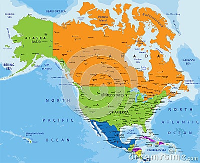 Colorful North America political map with clearly labeled, separated layers. Vector Illustration