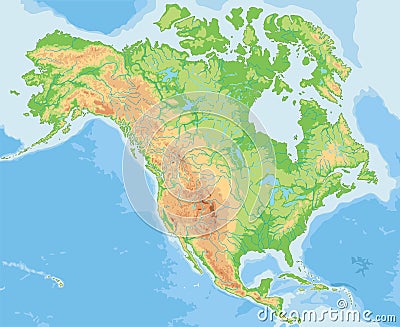High detailed North America physical map. Vector Illustration