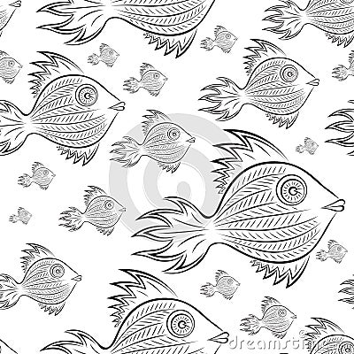 Fantastic fish - abstract aquatic animal. Black and white linear vector repeating pattern on a white background. Stock Photo