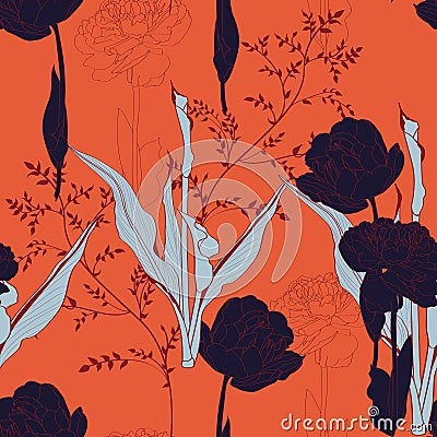 Blue line callas lily flowers with herbs and line tulips flowers, orange background. Vector Illustration