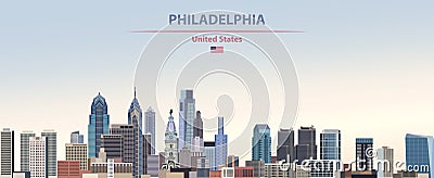 Vector illustration of Philadelphia city skyline on colorful gradient beautiful day sky background with flag of United States Vector Illustration