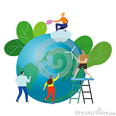 Small people prepare for the day of the Earth, save the planet, save the world, Earth day,ecology concept vector illustration Vector Illustration