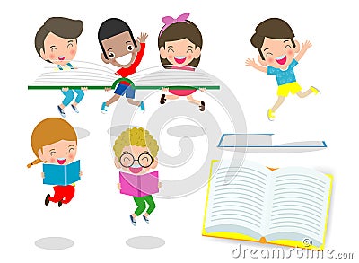 Cute kids reading books,cute children back to school,education concept, Happy Children while Reading Books Vector Illustration