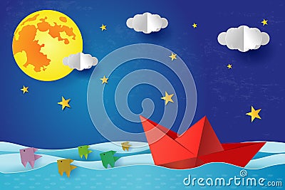 Origami Paper boat at night on blue sea ocean. Surreal seascape with full moon with clouds and star, paper art Vector Illustration