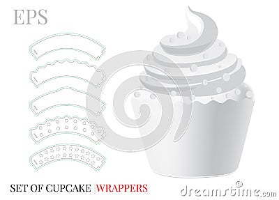 Set of cupcake templates, vector with die cut / laser cut lines. White, clear, blank, isolated cupcake mock up on white background Vector Illustration