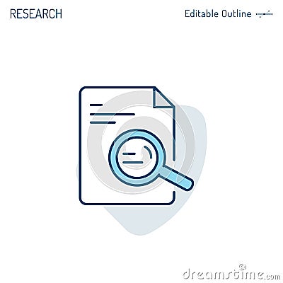 Document search icon, Investigate and analyse contract details, Magnifying Glass, Corporate Business office files, Editable stroke Vector Illustration