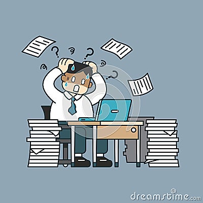 Vector cartoon stressed businessman with papers sitting at table in office Vector Illustration