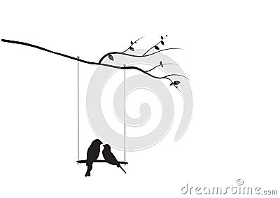 Birds Couple Silhouette Vector, Birds on swing on branch, Wall Decals, Birds in love Vector Illustration
