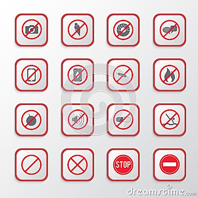 Set of prohibition icons or warning signs on red button, Signs and symbols vector Vector Illustration