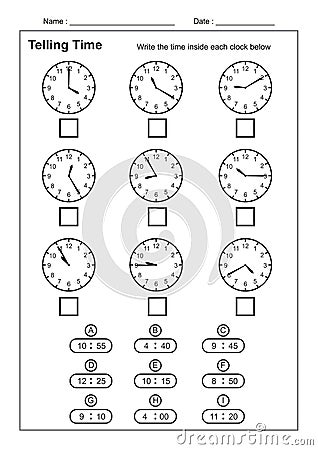 Telling Time Telling the Time Practice for Children Time Worksheets for Learning to Tell Time game Time Worksheets Vector Illustration