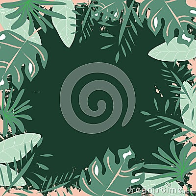 Exotic Frame Pattern of Tropical Bright Green leaves on green backround Vector Illustration