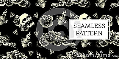 HEART SKULL ROSE SNAKE TATTOO SEAMLESS PATTERN Vector Illustration