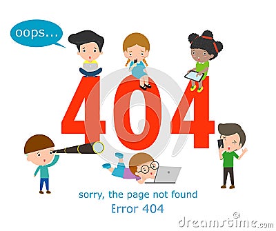 404 error page not found concept, kids using laptops having problems with website. Vector Illustration