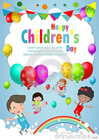 Happy children day background, children`s day poster with happy kids Template for advertising brochure your text ,Vector Vector Illustration