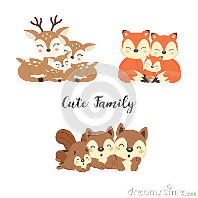 Set of cute family woodland animals. Foxes,Deer,Squirrels cartoon. Vector Illustration
