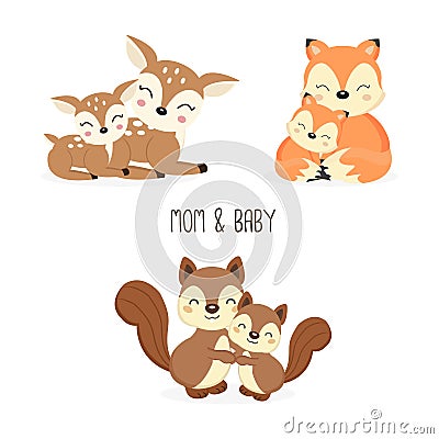 Cute mother and baby woodland animals. Foxes,Deer,Squirrels cartoon. Vector Illustration