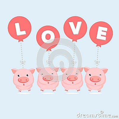 Cute pink pigs cartoon hanging on the LOVE balloons. Valentine`s day postcard. Vector illustration. Vector Illustration