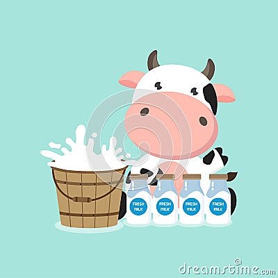 Little cow with milk bucket and milks. Vector Illustration