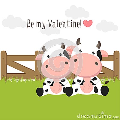 Happy Valentines Day background for greeting card. Couple of cute cows in love on green grass field. Vector Illustration