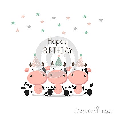 Happy Birthday Greeting card Cute Cows. Vector Illustration