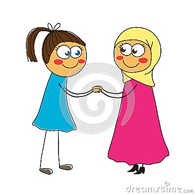 Two girlfriends together on a white background.Muslim and girl Stock Photo