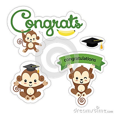 Set of cute monkey stickers. Congratulations design vector. Vector Illustration