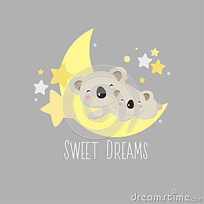 Greeting card Cute Cartoon Koala and baby sleep on the moon Vector Illustration