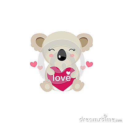 Happy Valentine`s Day greeting card with cute koala hold big heart. Vector Illustration