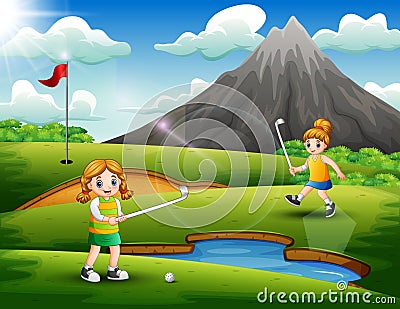 Cute girls playing golf in the court Vector Illustration