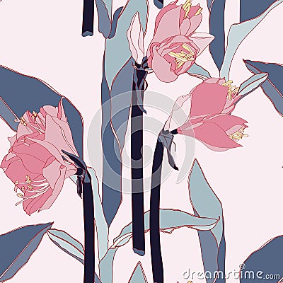 Pink line tropical lilies flowers with exotic blue tropical leaves, white background. Cartoon Illustration