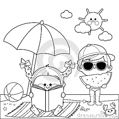 Children at the beach under a beach umbrella. Vector black and white coloring page. Vector Illustration