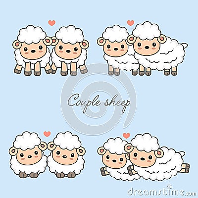 Sweet couple animals cartoon vector illustration. Cute sheep in love with heart. Vector Illustration