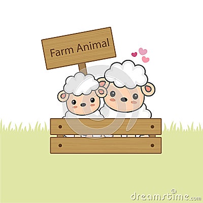 Couple sheep cartoon in wood box. Vector Illustration