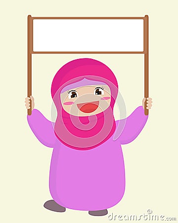 Cheerful Arab girl holding a sign in her hands on a white background Vector Illustration