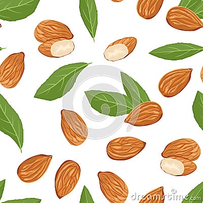 Almond nuts, green leaves seamless pattern. Food vector illustration Cartoon Illustration