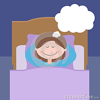 Pretty girl dreams before bedtime, lying in bed Vector Illustration