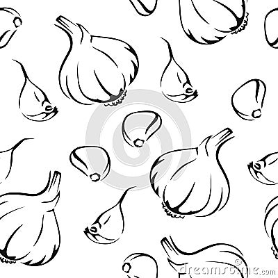 Garlic seamless pattern. Black white image. Cartoon Illustration