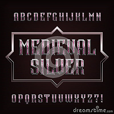 Medieval Silver alphabet font. Ornate metal letters and numbers with gemstones. Vector Illustration