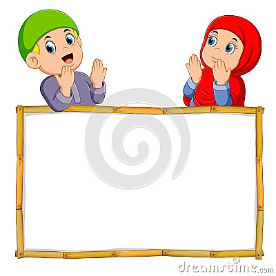 the two children are praying above the wooden blank banner Vector Illustration