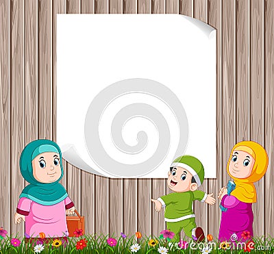 The children are standing and playing with their mother near the blank banner Vector Illustration