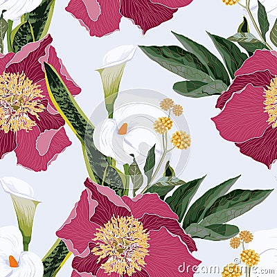 Pink peony flowers with callas lilies and herbs bouquet seamless pattern. Watercolor style Illustration. Stock Photo