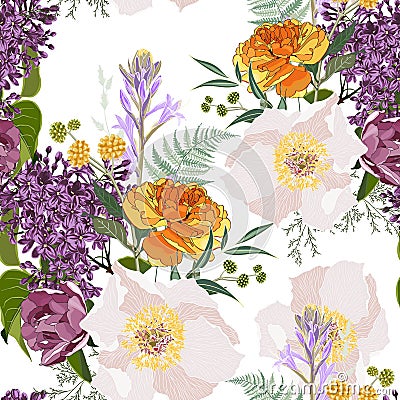 Yellow tulips and beige peony flowers with herbs and lilac bouquet seamless pattern. Watercolor style Illustration. Vector Illustration