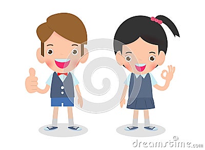 Vector illustration of Happy kids shows thumbs up and shows hand okay sign Isolated on white background. Vector Illustration