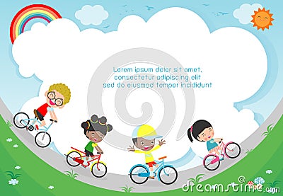 Happy kids on bicycles, Child riding bike, Healthy cycling with kids in park, group of kids biking on background. Vector Illustration