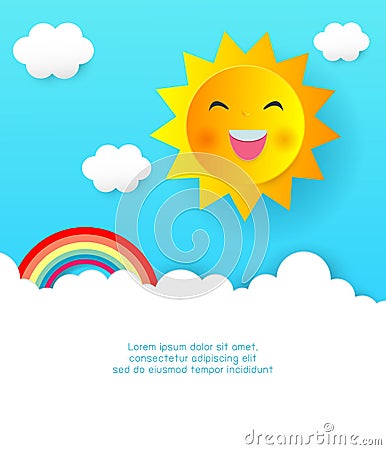 Cloudscape, paper cut sun and clouds, rainbow, paper art style, Summer frame. vector Illustration of cute summer background. Vector Illustration